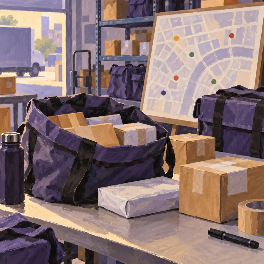 Illustration of courier businesses equipment and workspace